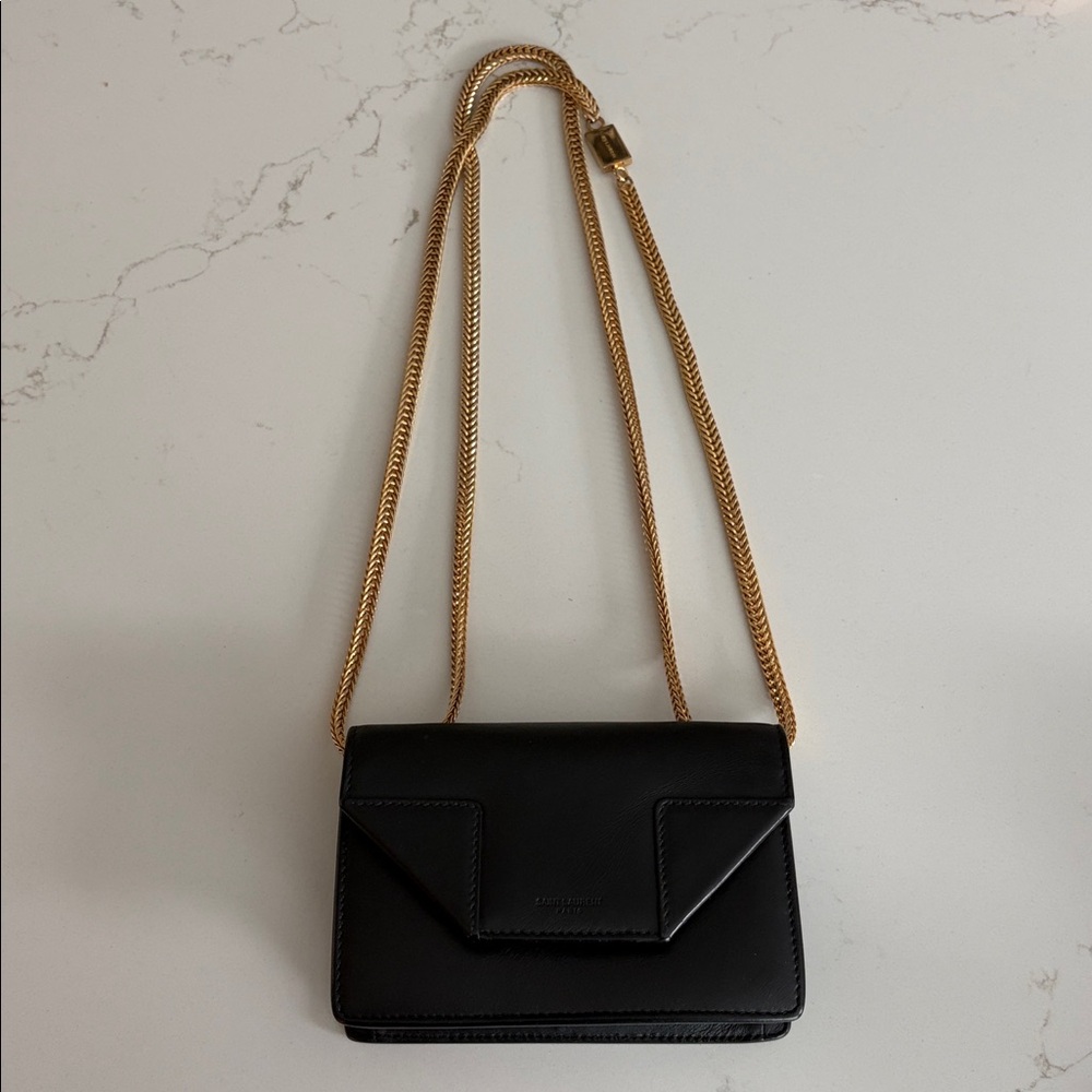 YSL Saint Laurent Paris Black Leather Envelope Wallet Mini Crossbody Gold Chain.